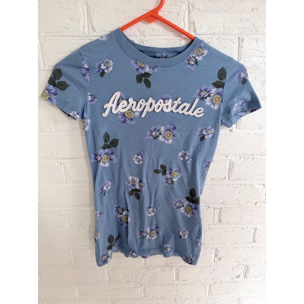 Aeropostale Women's Blue Floral Print Short Sleeve Crew Neck T Shirt XS‎